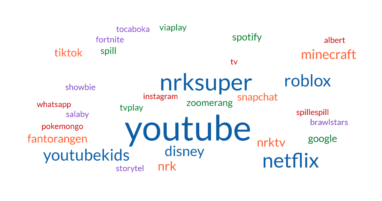 Figuren viser en ordsky med de 30 mest popul&aelig;re nettsidene som barn bruker