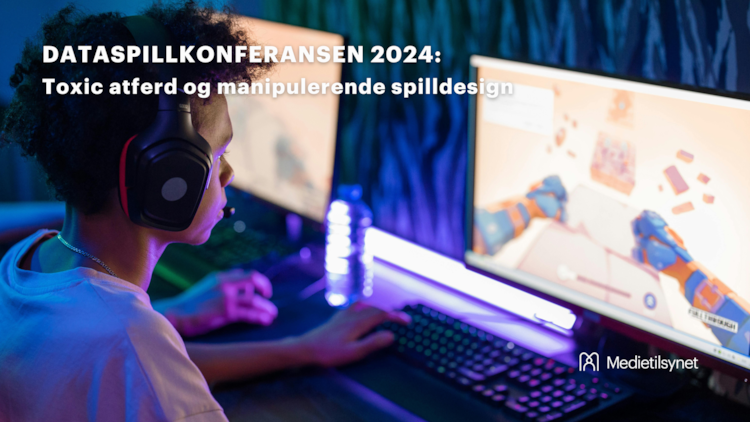 En gutt spiller dataspill foran en skjerm, på bildet ligger teksten "Dataspillkonferansen 2024 – Toxic atferd og manipulerende spilldesign"